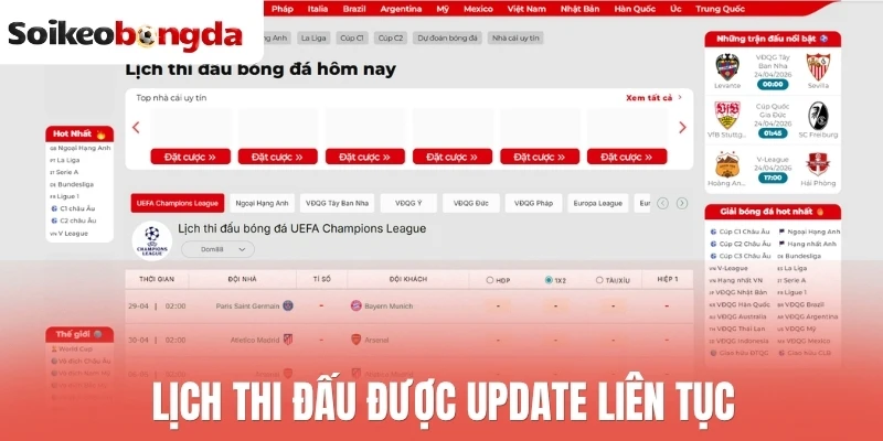 Lịch thi đấu được update liên tục